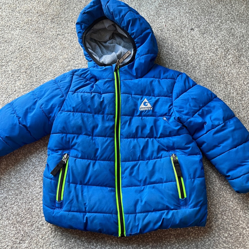 Gerry‎ Boys Blue Puffer Jacket Hooded Winter Coat Neon Green Trim Size 3T
